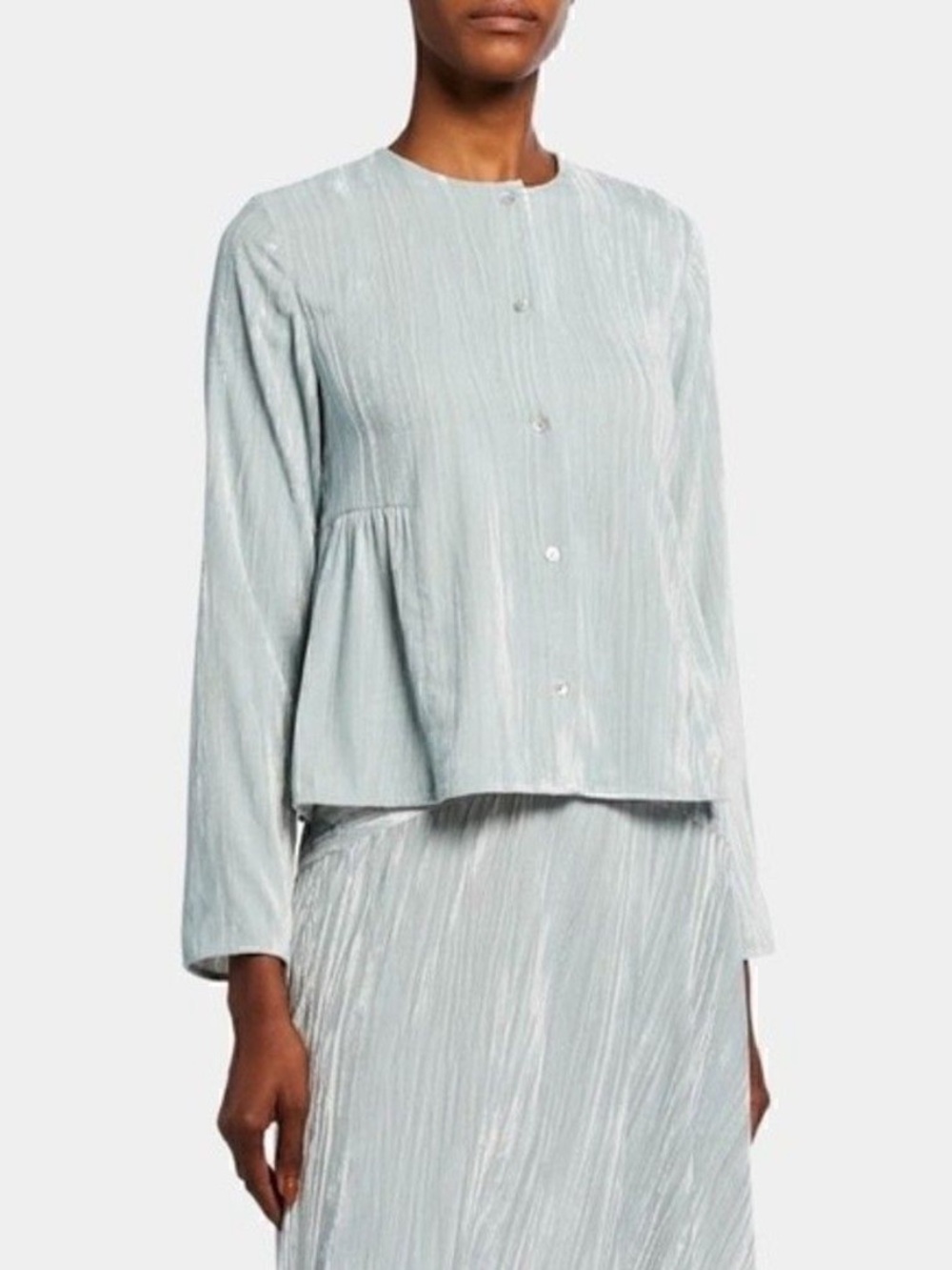 Vince Ruched Velour Paneled Pleated Button-Front Peplum Blouse Size Medium